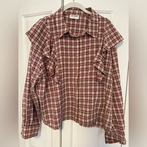LNA Plaid Ruffle Button-Up Shirt